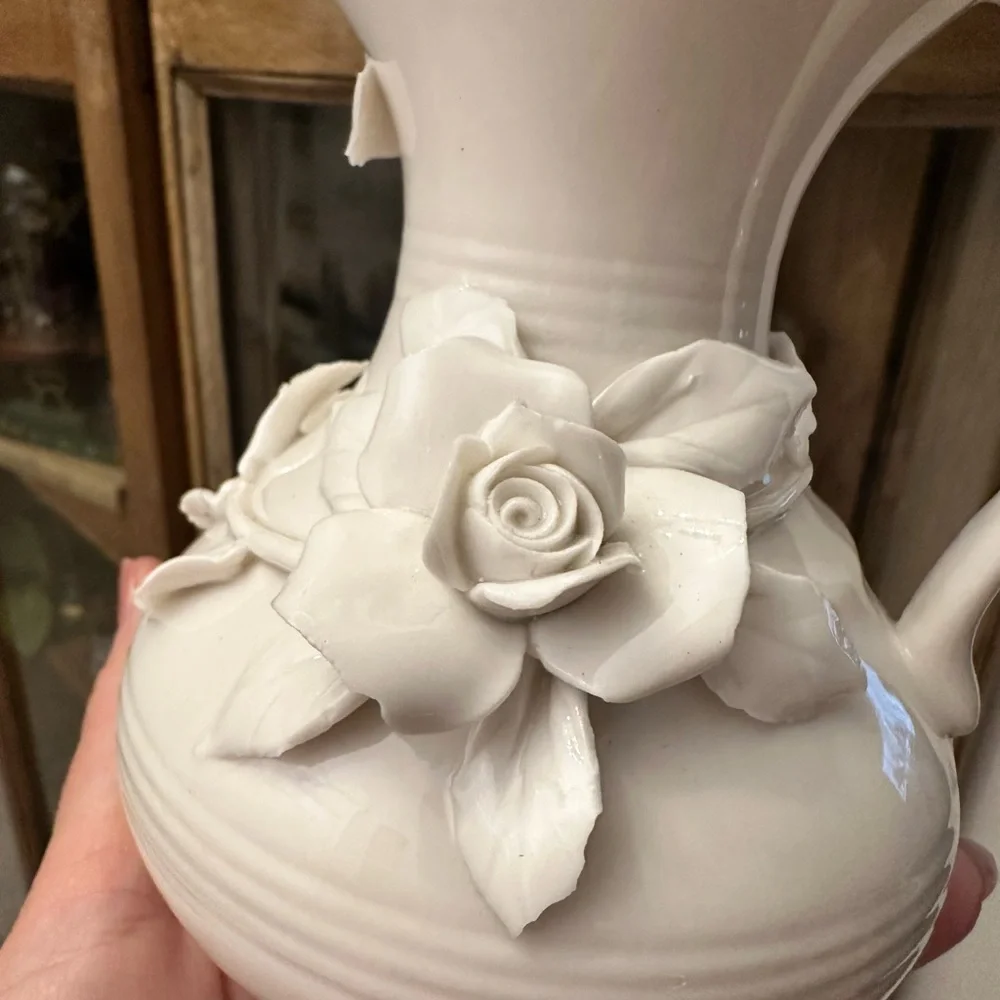 Vintage Porcelain Floral Pitcher - White Raised Rose Accent